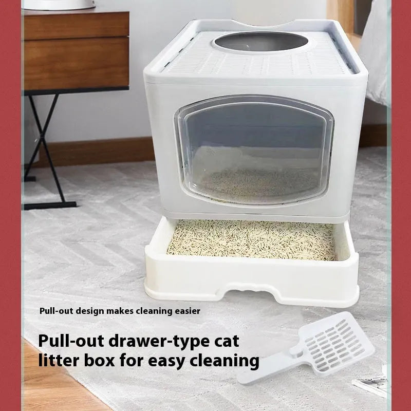 Folding fully enclosed cat litter box in blue, pink, or grey, 51x41x44cm, made from ABS and PP.
