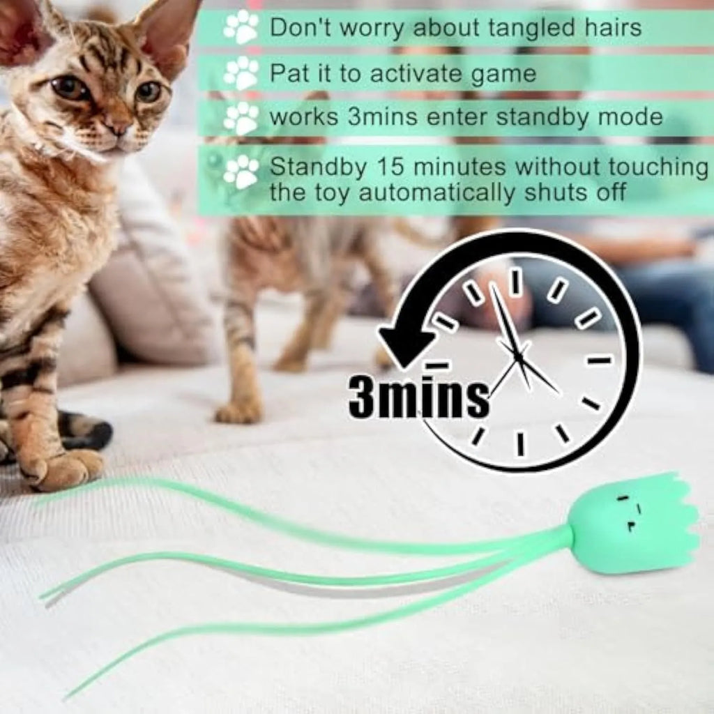 Green rechargeable automatic cat wand toy with swinging silicone tail on a white background.