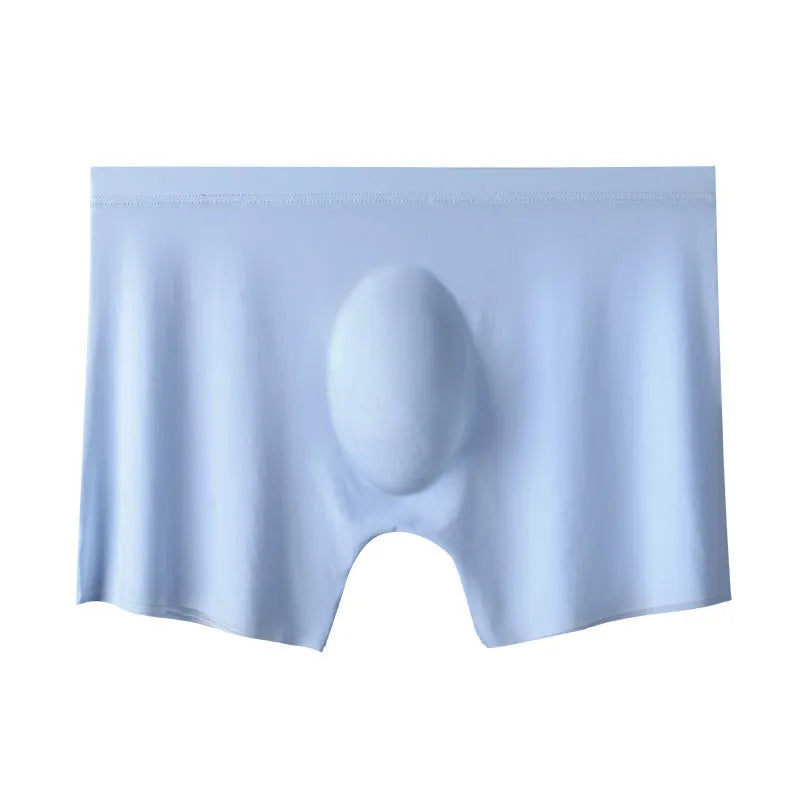 Mens ice silk seamless boxer shorts in black showing 3D pouch and lightweight fabric