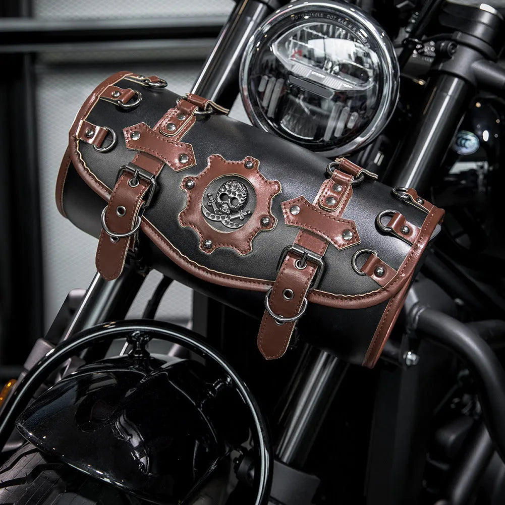 Punk retro style motorcycle pannier bag made from PU material for custom bike modifications