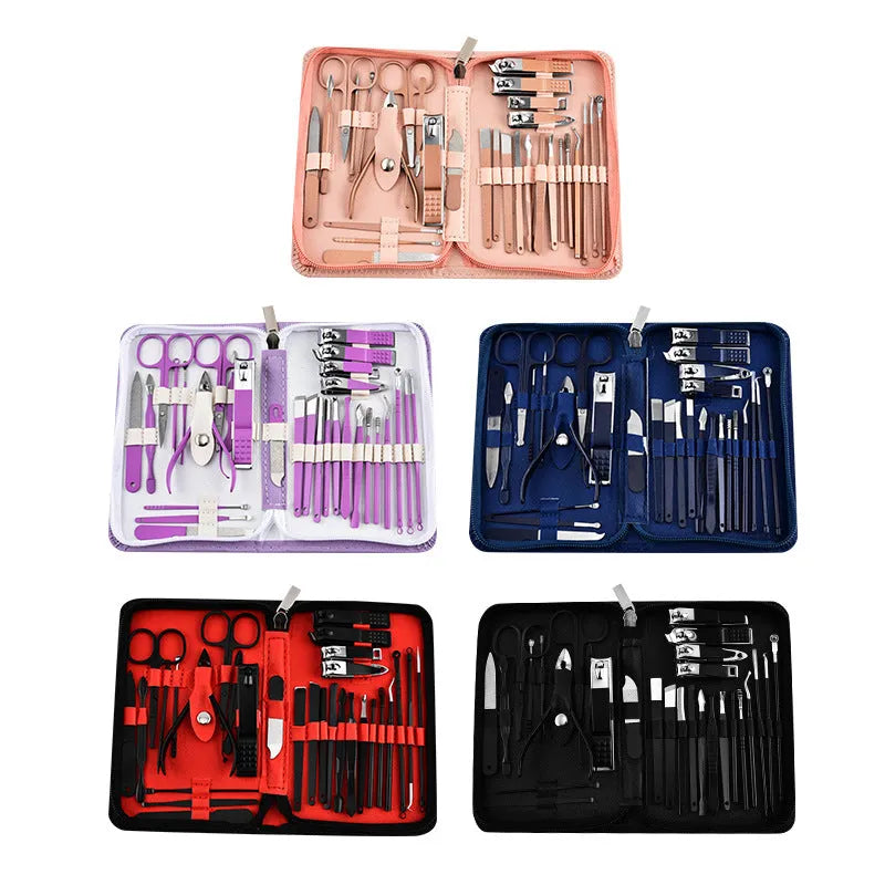 30-piece stainless steel nail clipper tool set in a portable case, available in multiple colours