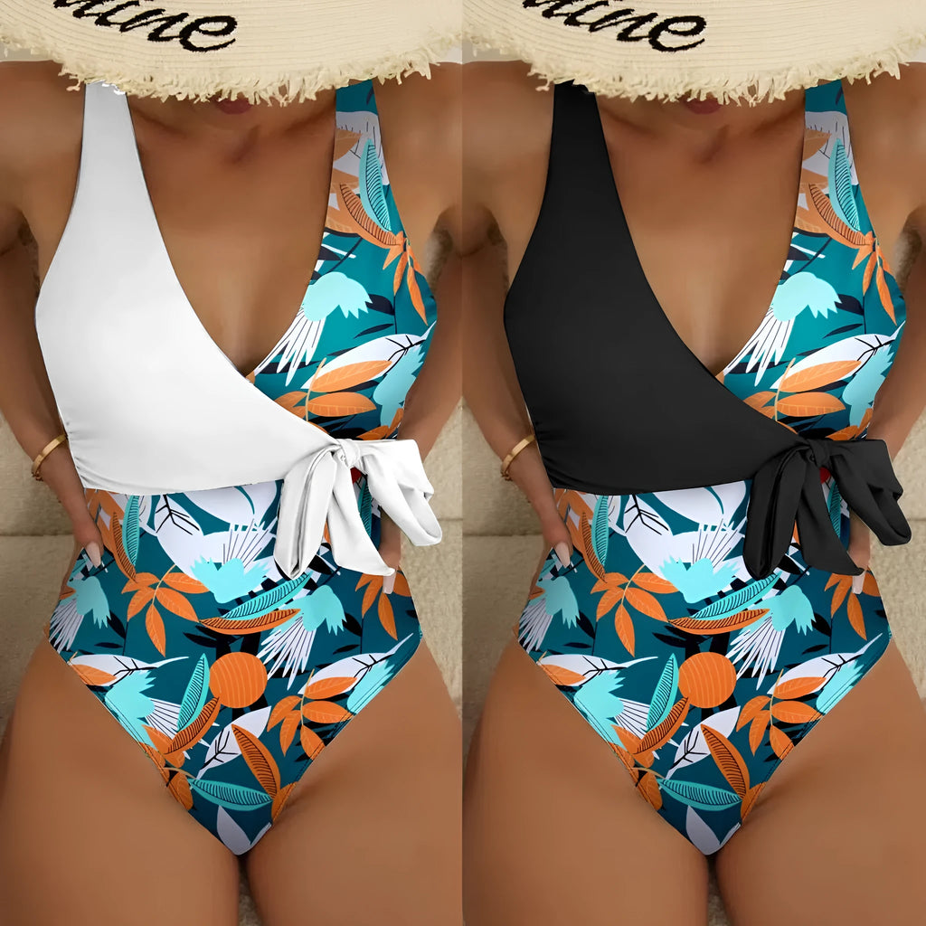 Women's high-waist one-piece swimsuit with printed pattern in quick-drying fabric