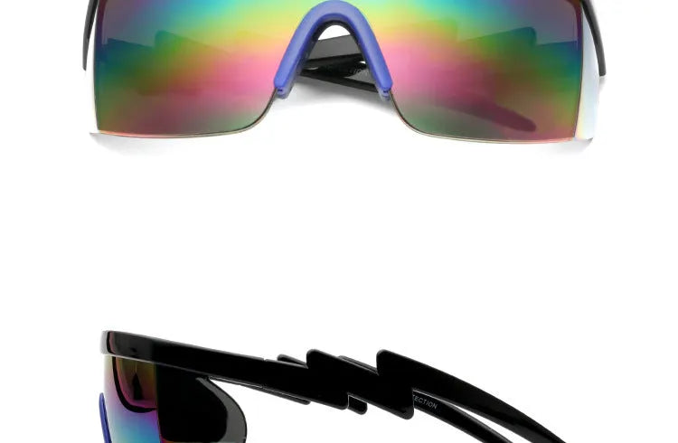 Sports sunglasses with half-frame PC construction and colourful lenses on a white background.