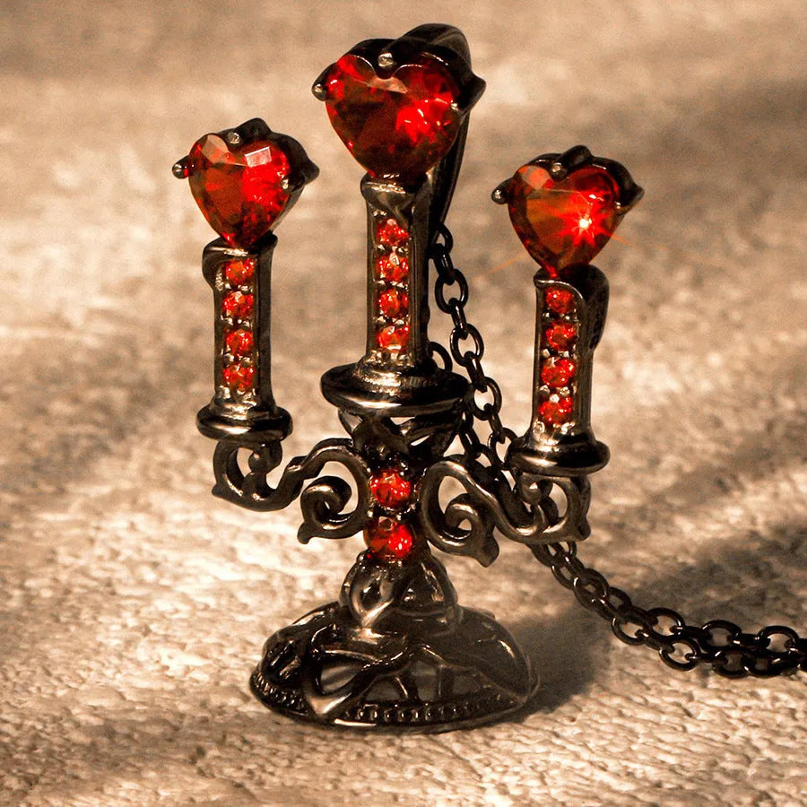 Retro candlestick pendant on Gothic cross chain necklace with hollow zinc alloy construction and diamond-cut surface texture