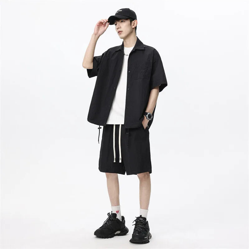 Men's casual two-piece set showing shirt and shorts in nylon blend fabric