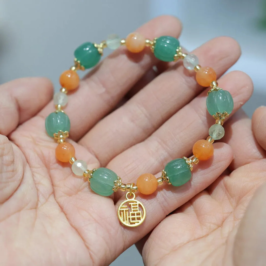 Chinese style Jinsi Jade Duobao pumpkin bracelet with Prehnite stones for 14-16.5cm wrists