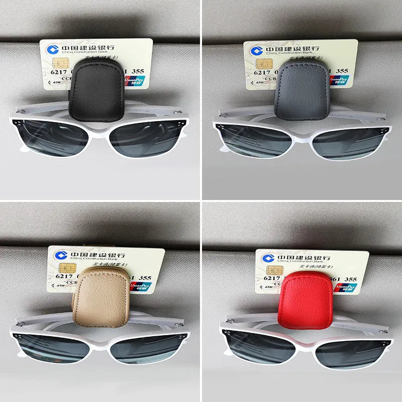 PU leather sunglasses clip holder attached to a car sun visor
