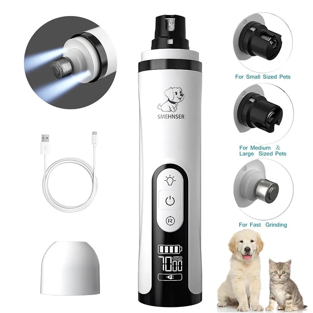3-speed LED electric nail trimmer for dogs with dust collection compartment.
