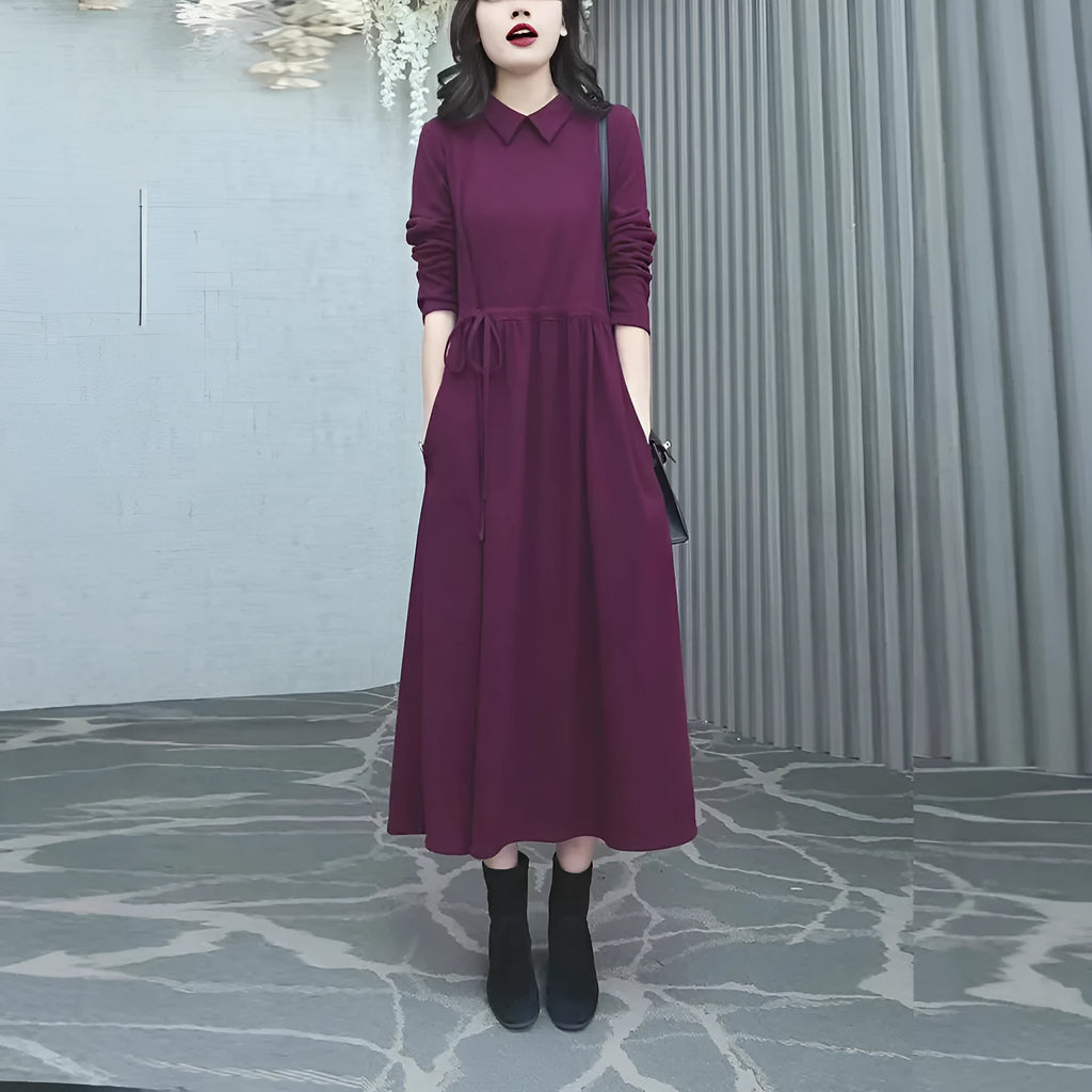 Purplish red plus size long sleeve dress with a long skirt for winter.