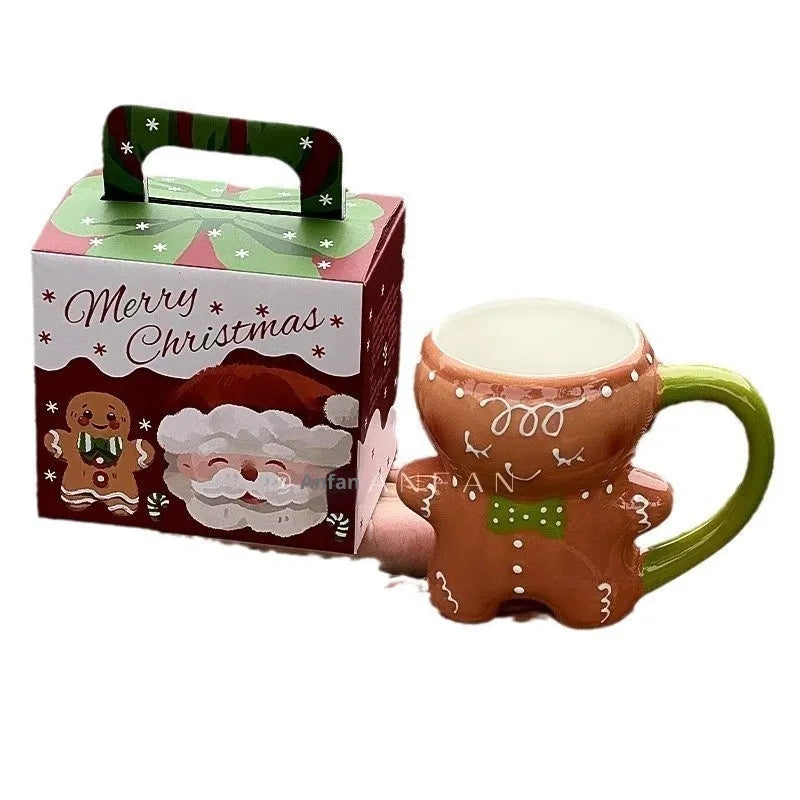 Christmas gingerbread man ceramic mug 320ml with red or green handle and round single-layer body