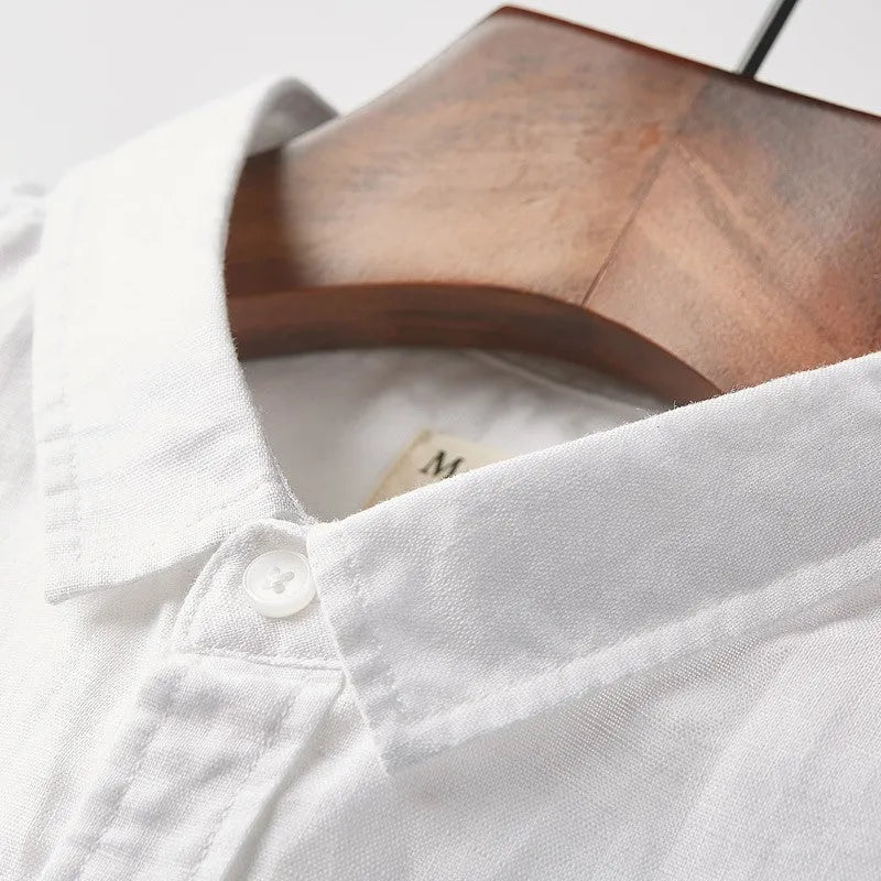 Men's square collar Japanese style cotton blend shirt in loose fit short sleeve design