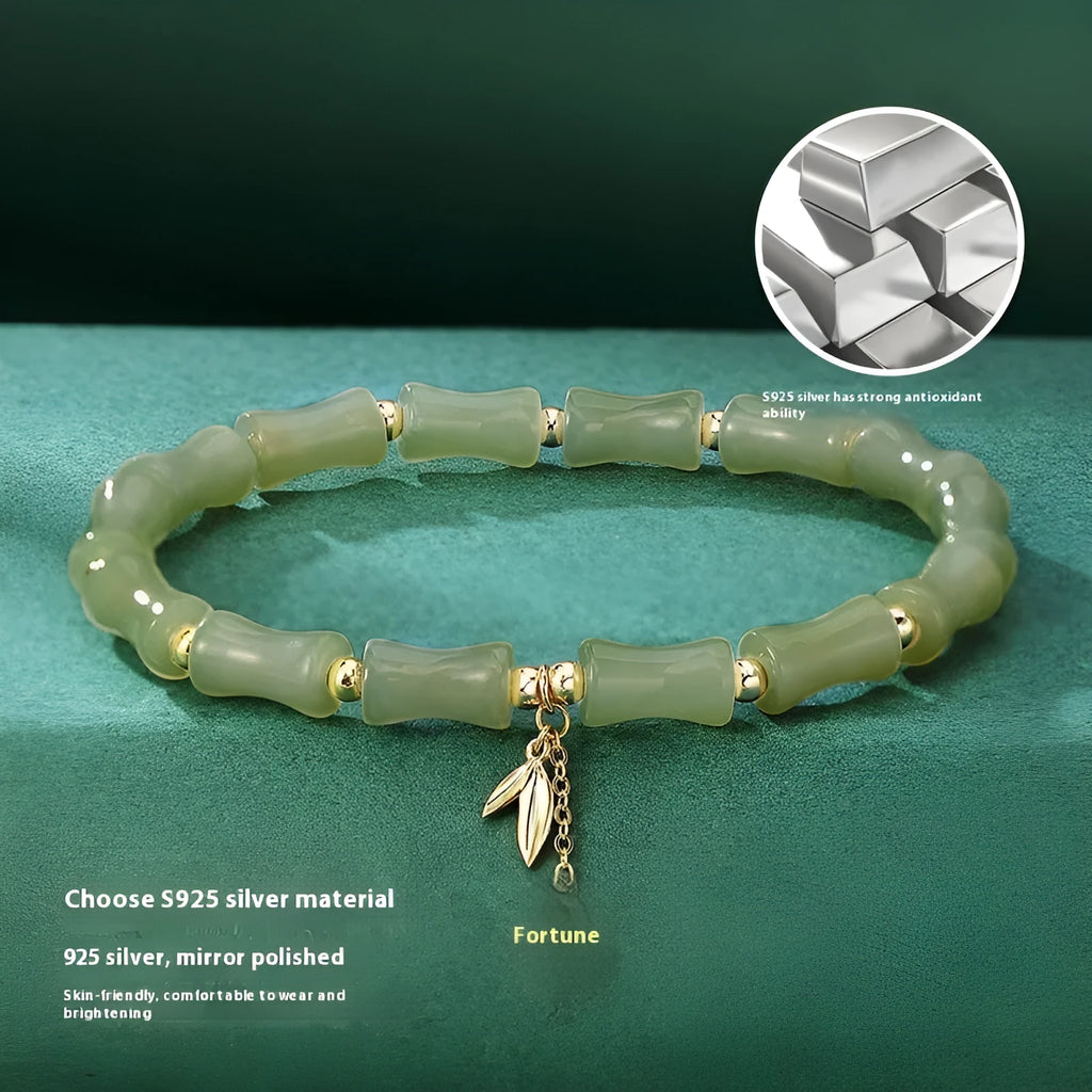 Chinese style bamboo Hetian jade bracelet and necklace set with bamboo joint design