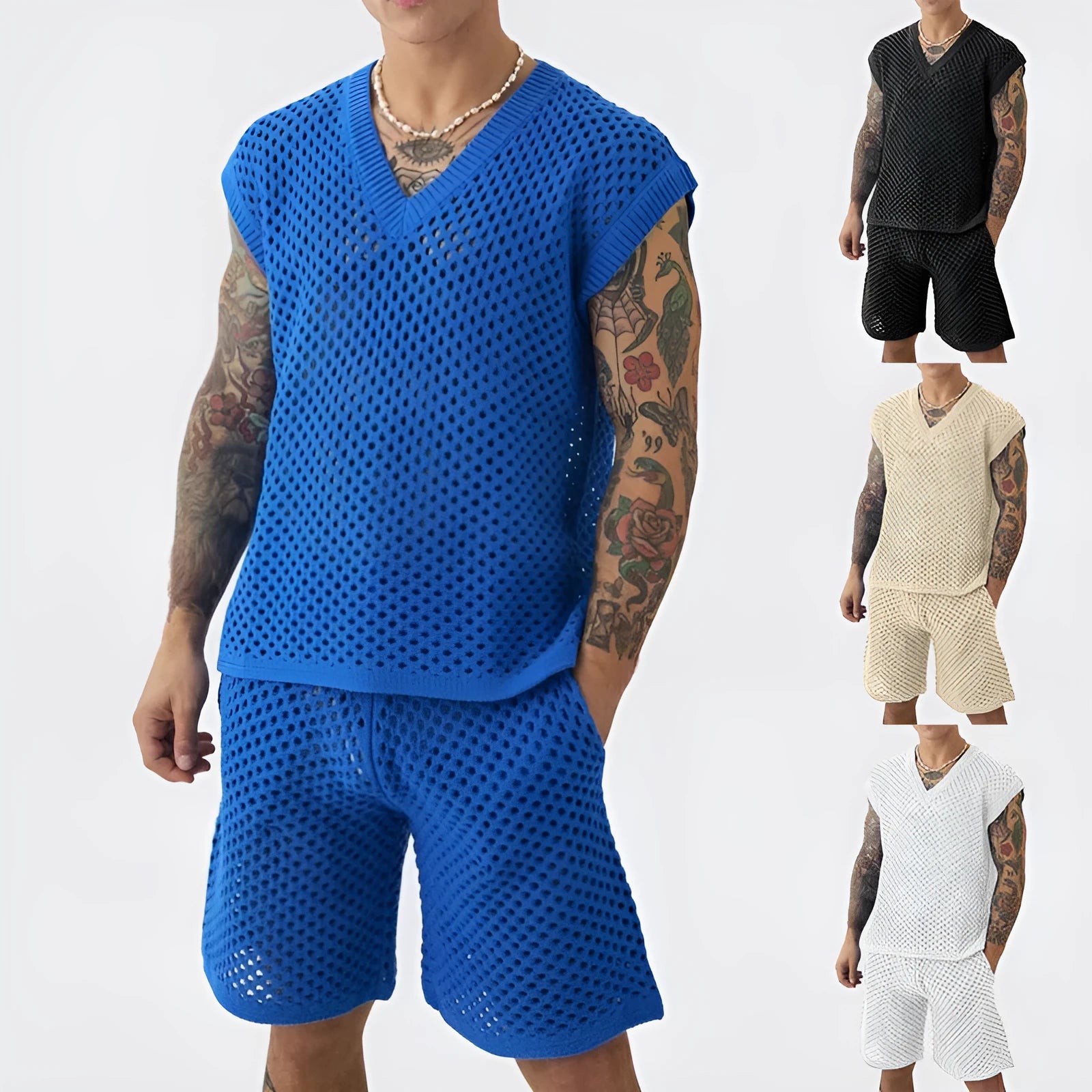 Men's blue knitted vest and shorts sportswear set for summer athletic activities