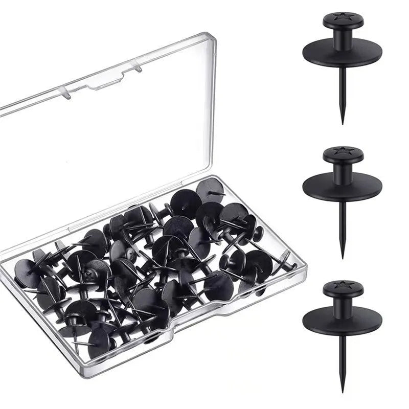 Black plastic I-shaped thumbtacks in PP box for corkboard use
