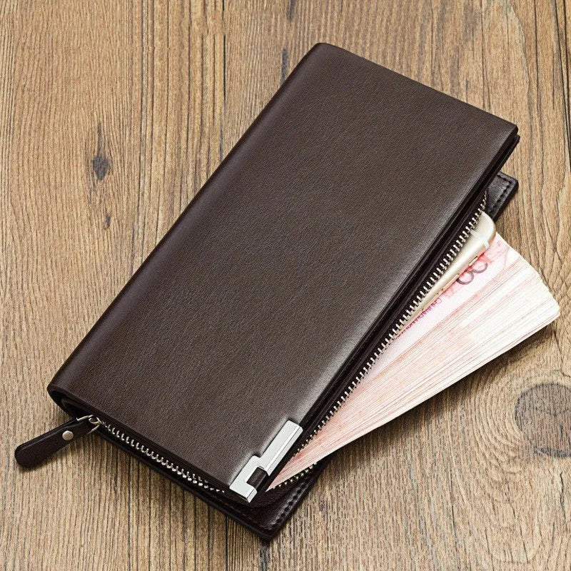 Men's black PU leather wallet with a long zipper closure and seven visible card slots.