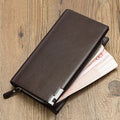 Men's black PU leather wallet with a long zipper closure and seven visible card slots.