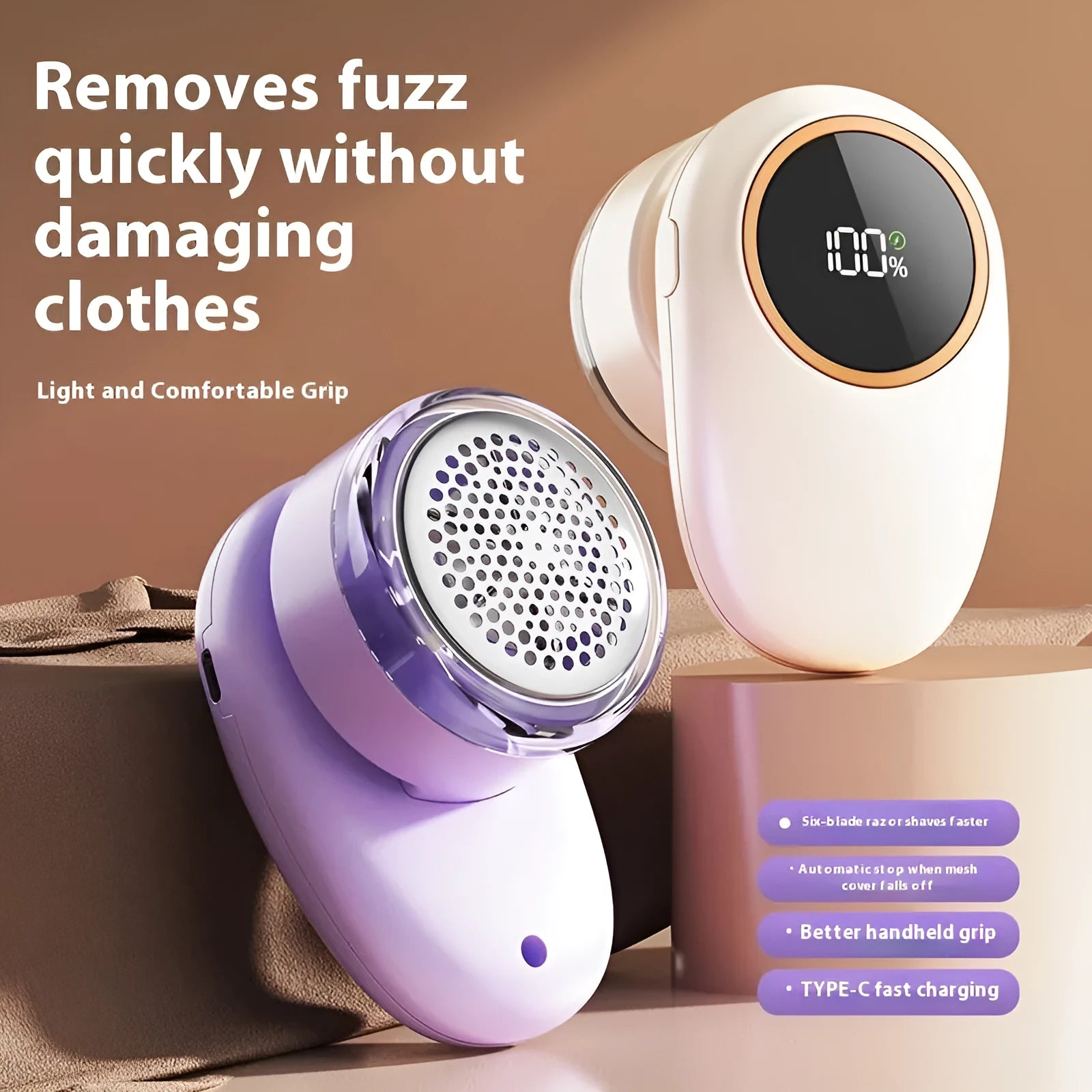 Digital display fur ball trimmer in beige or purple colour with multiple cutter head options