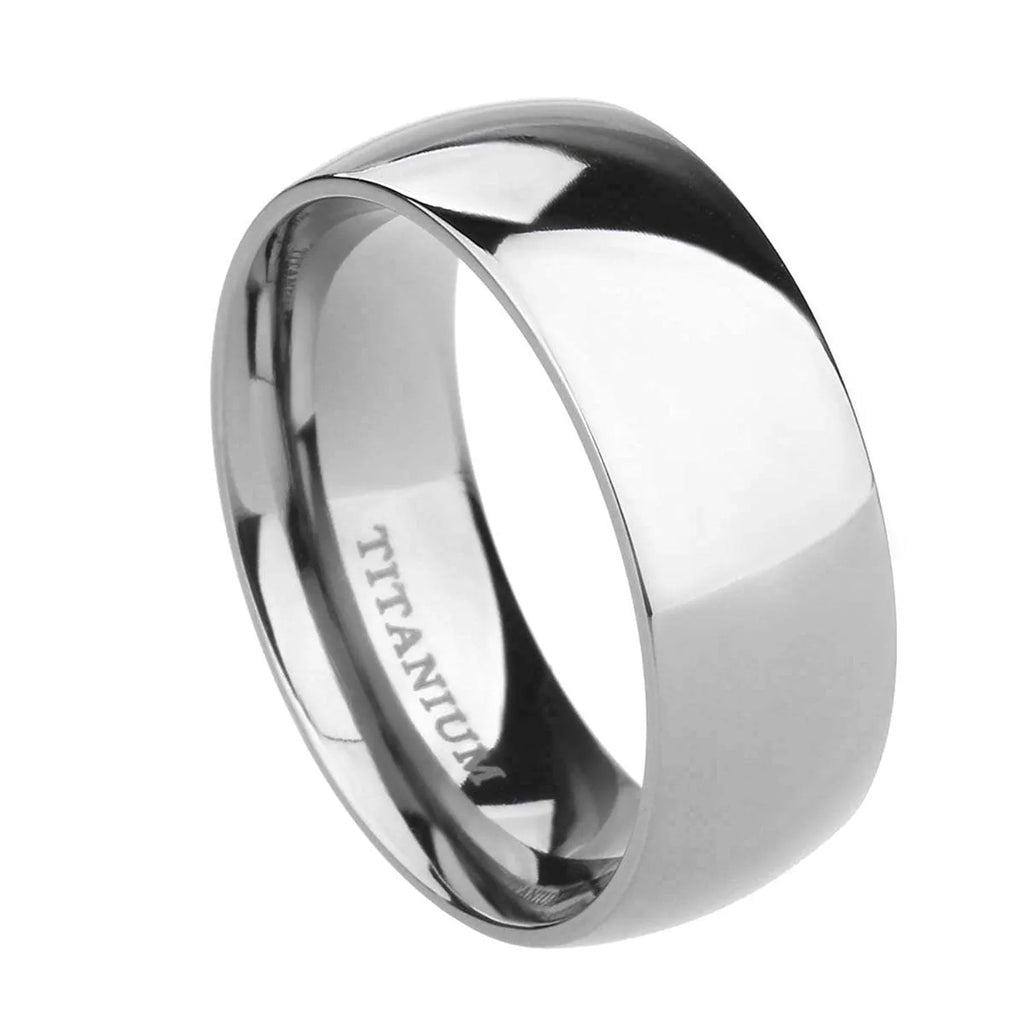 Silver titanium steel ring showing grinding finish, available in multiple widths and US sizes.