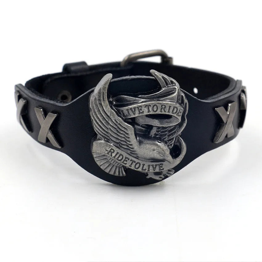 Black leather geometric bracelet with an eagle watch clasp, showing tapered width.