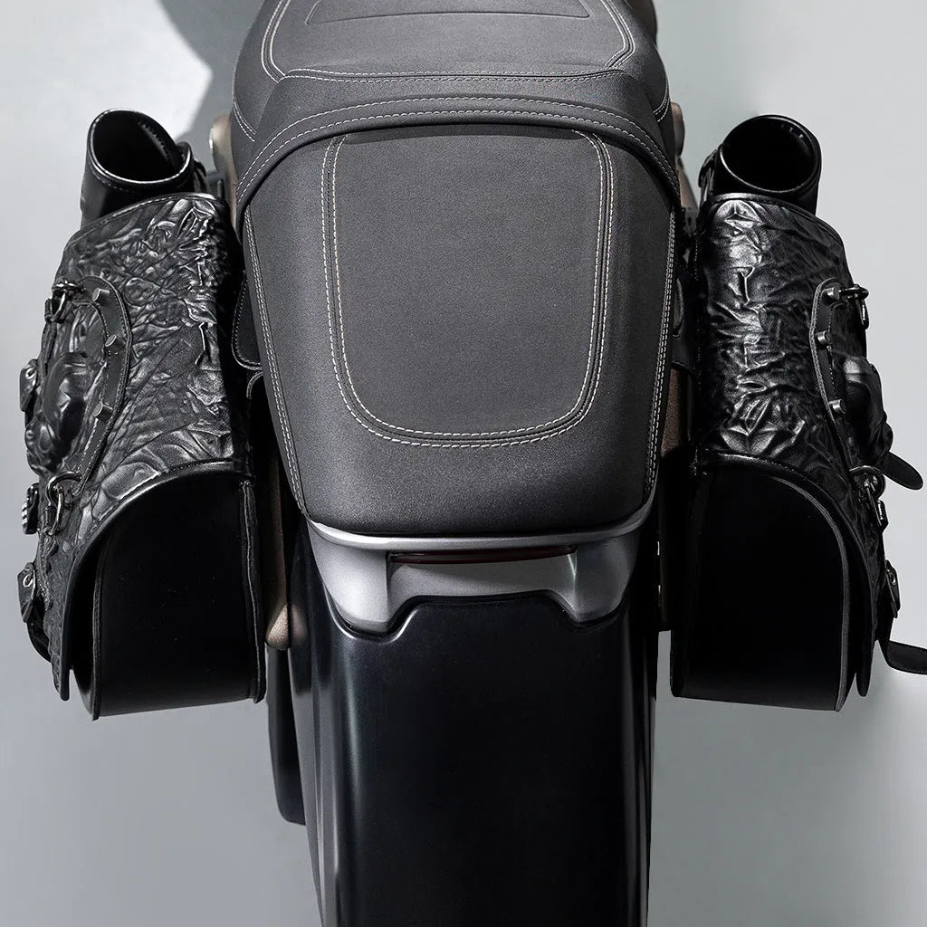 Black PU leather motorcycle modified side luggage pair mounted on motorcycle frame