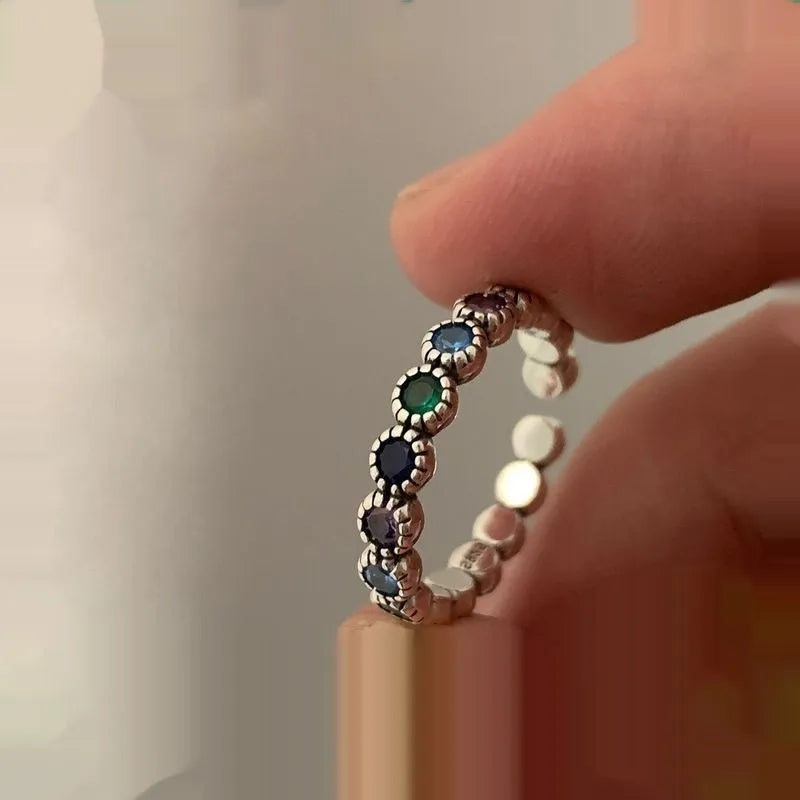 Women's geometric adjustable ring with colourful zircon stones in retro silver colour