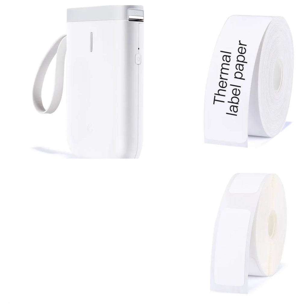 Compact black D11 Bluetooth thermal label printer on a desk next to a smartphone showing the label design app.