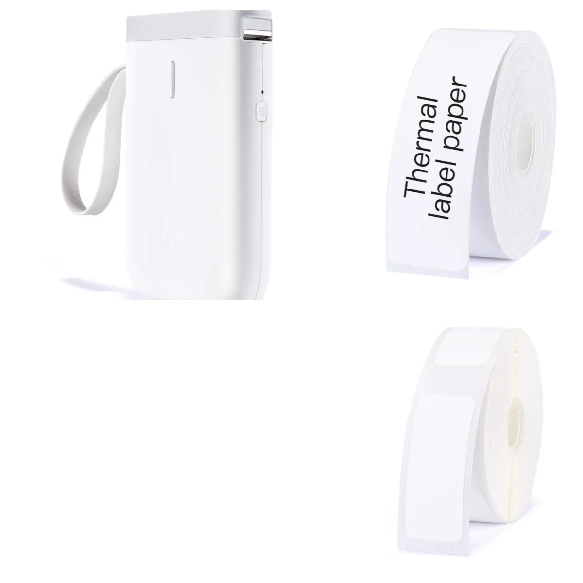 Compact black D11 Bluetooth thermal label printer on a desk next to a smartphone showing the label design app.