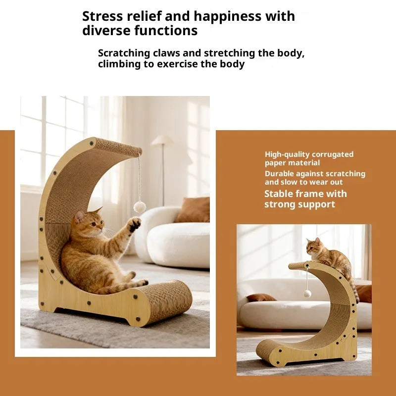 Corrugated paper cat scratching board with arc-shaped scraper bed, nest and climbing frame, plus replacement core.