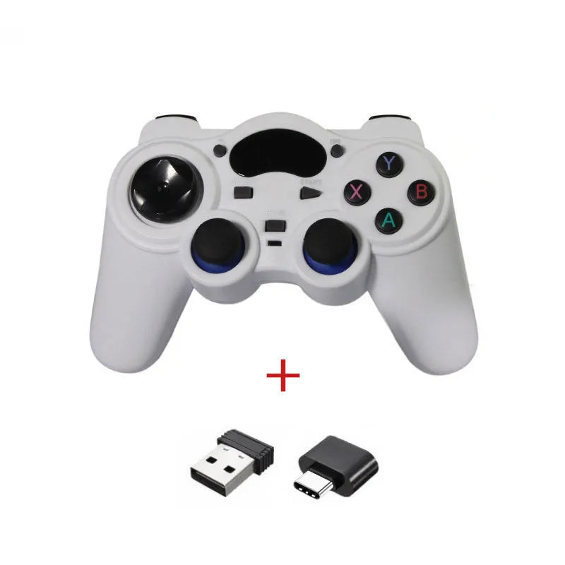 Multi-platform wireless gamepad controller in black, blue, grey, or red for Android TV, PC, and PS3.