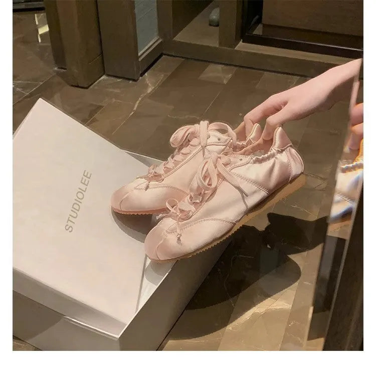 Women's ballet style satin sports board shoes with round toe and front lace-up in three colour options