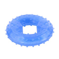Freezable dog teething chew toy in bone and circle shapes on a blue background.