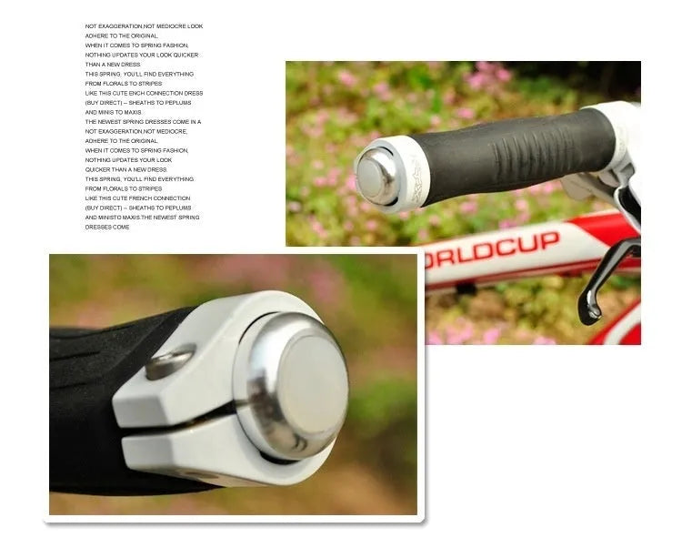 A pair of anodised aluminium bicycle handlebar end lights in a choice of colours, showing the red LED and white rubber switch.