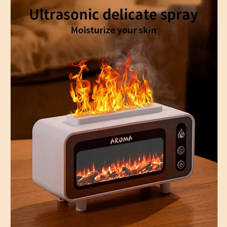 Black ultrasonic flame humidifier 200ml with 3D fireplace effect and 7-colour LED light, 210*80*118mm