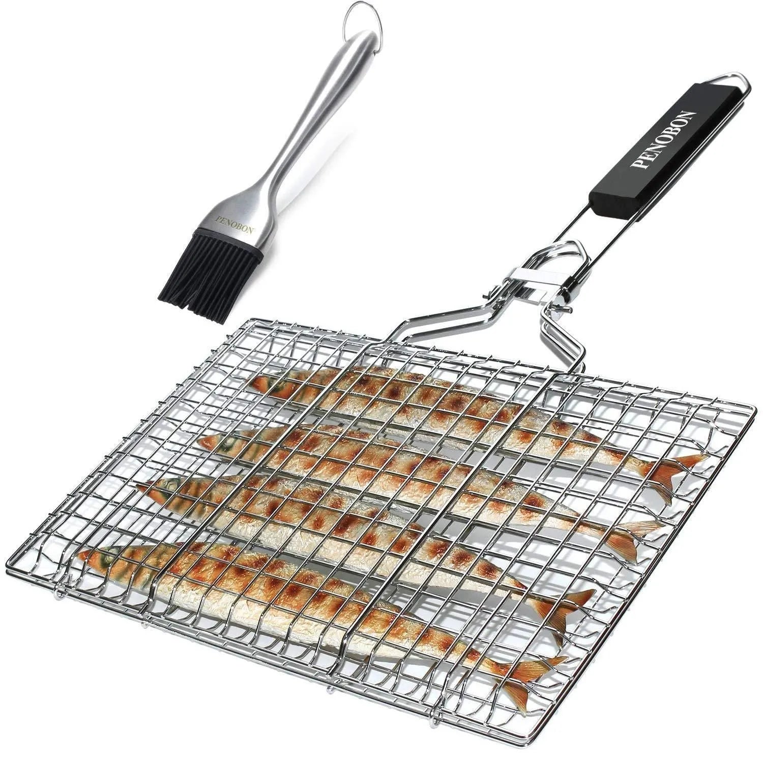 Square folding stainless steel barbecue mesh basket with a cleaning brush on a grill.
