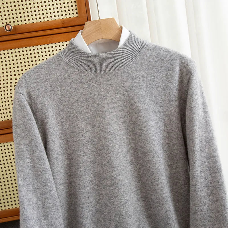 Men's half-collar loose fit wool sweater in a range of colours including black, brown, camel, grey, blue, and red.