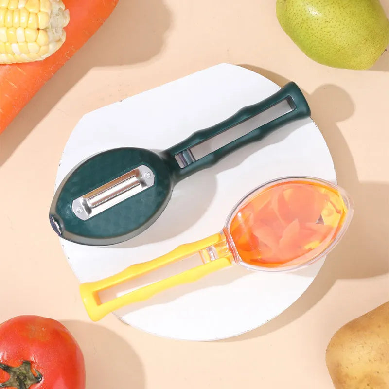 Yellow peeling knife with a protective storage lid on a dark background.