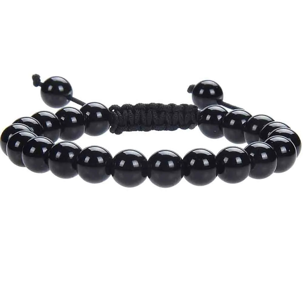 Flat knot braided women's bracelet made from hand-woven aquamarine and coloured stone beads