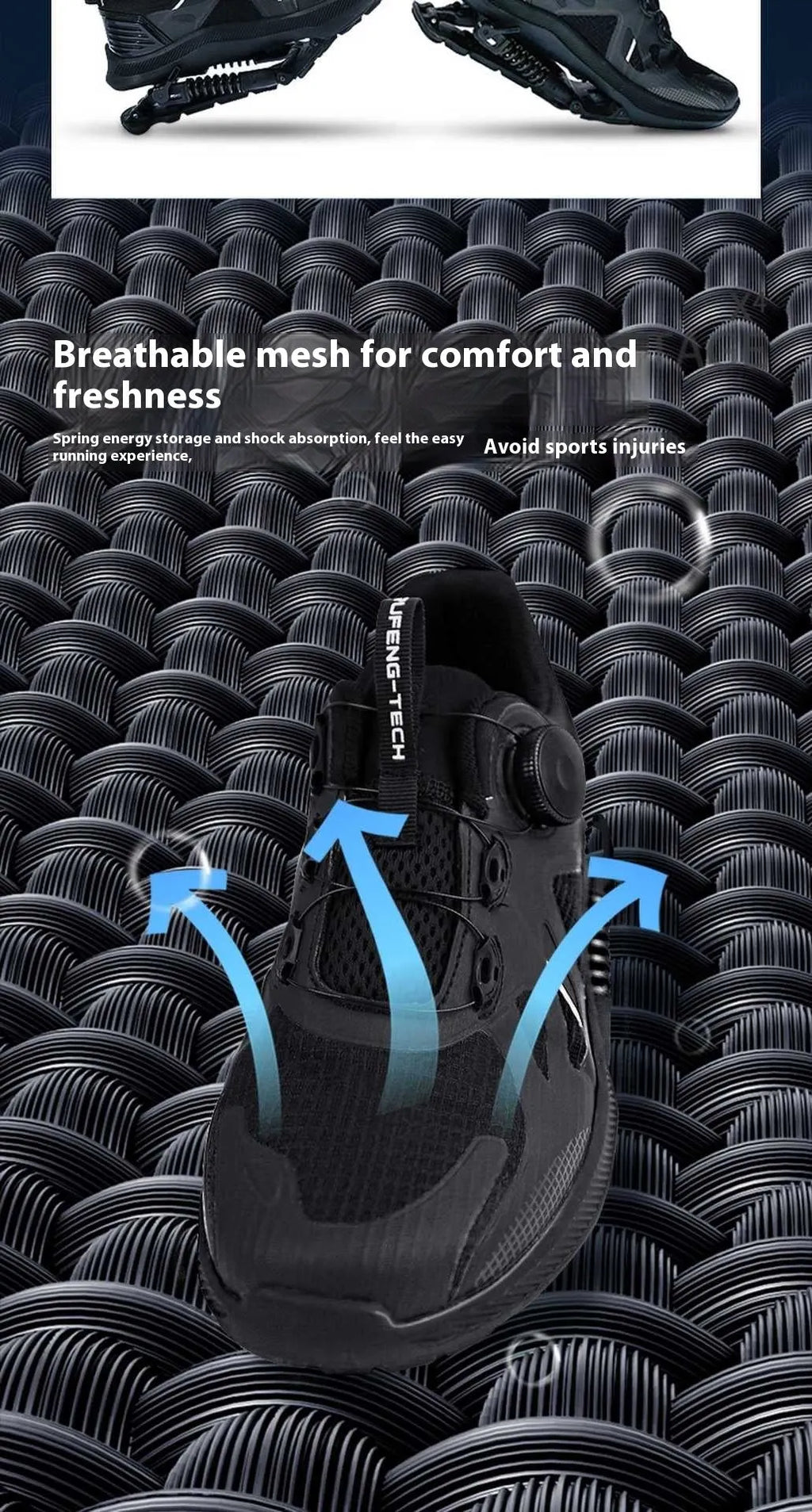 Black running shoes with mesh upper, leather stitching detail, and a buckle closure on the middle top.