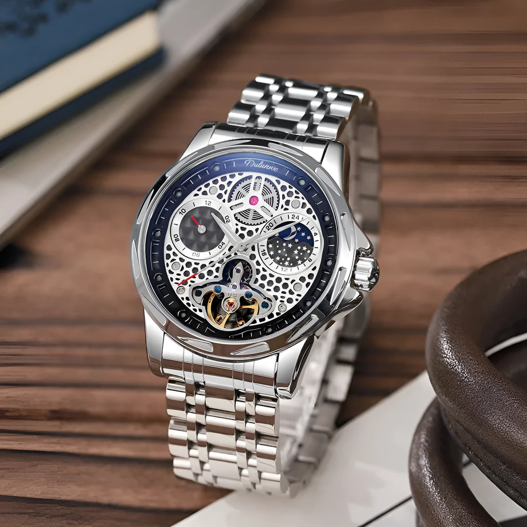 Men's black or white automatic watch with luminous hands on a steel or leather strap.