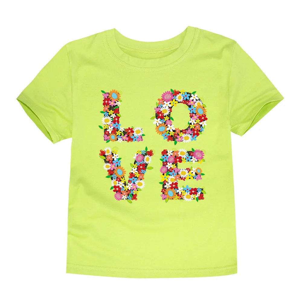 Children's cotton knitted cartoon heat press round neck short sleeve T-shirt in TTTG7 colour on child model