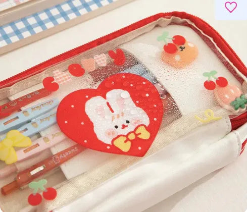 Transparent heart pattern pen bag in pink or red Korean style design