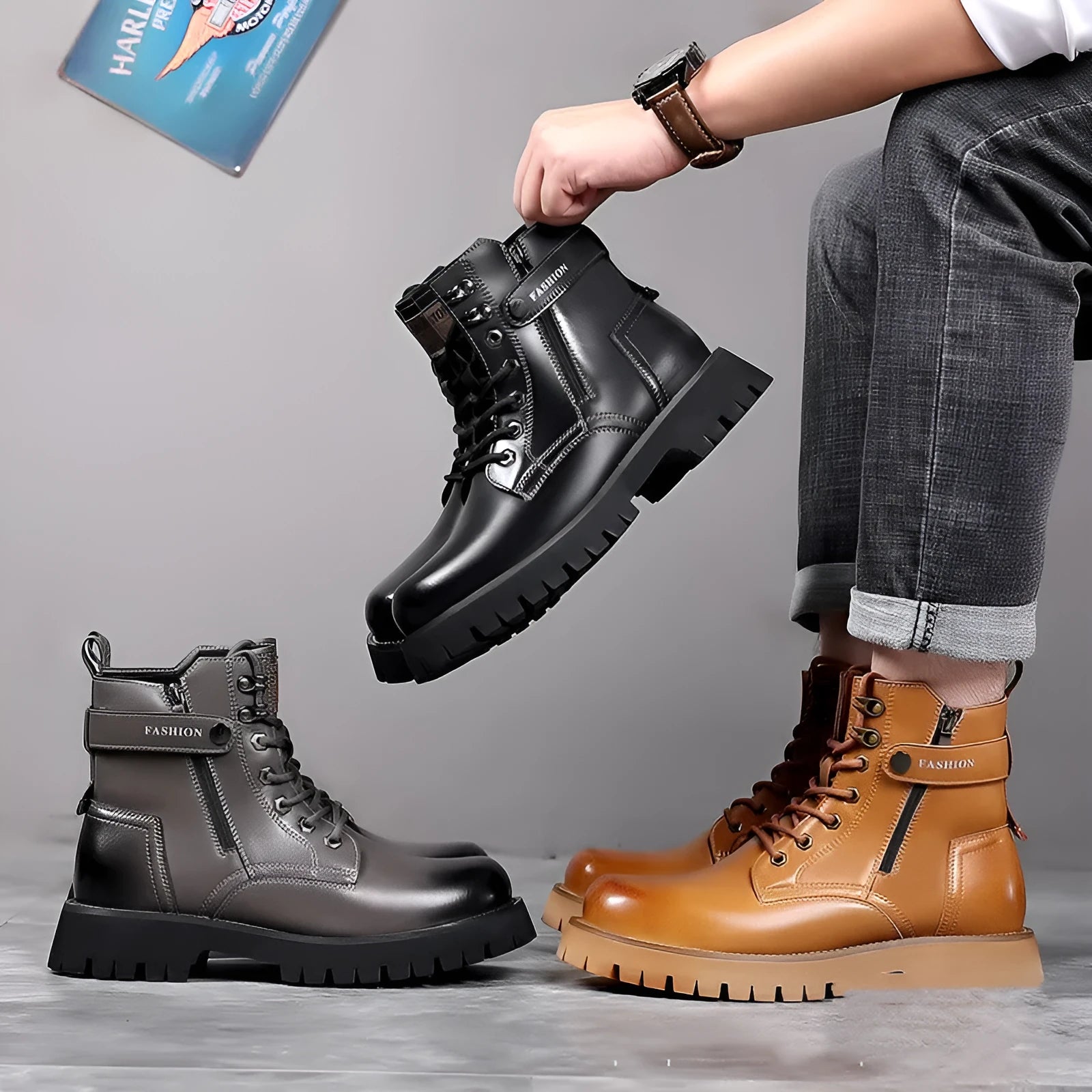 Men's light brown high-top Martin boots with thick rubber sole and side zipper