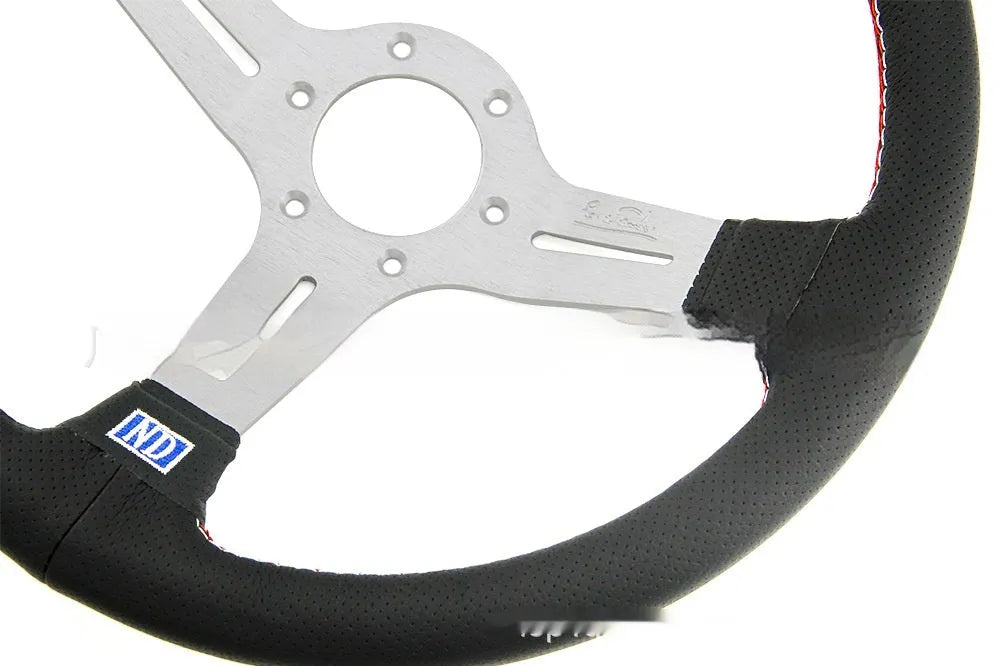 A leather-wrapped 14-inch car steering wheel with a middle concave design, shown with a silver skeleton frame.
