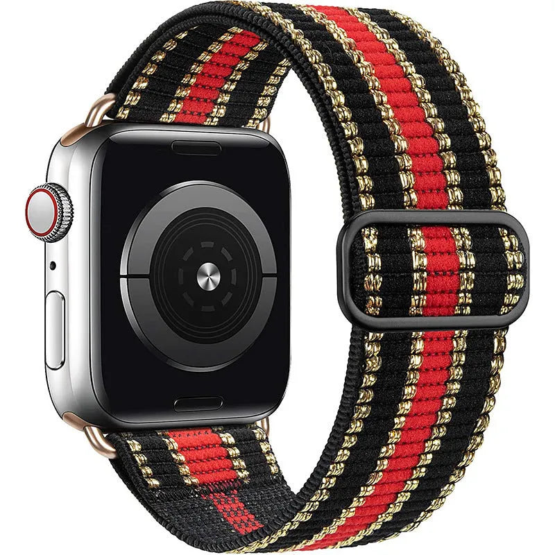 Ethnic style adjustable buckle elastic nylon woven strap for Apple Watch in black and white ethnic pattern