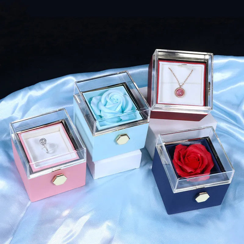 Rotating soap flower rose gift box with transparent acrylic cover showing preserved rose and jewellery drawer