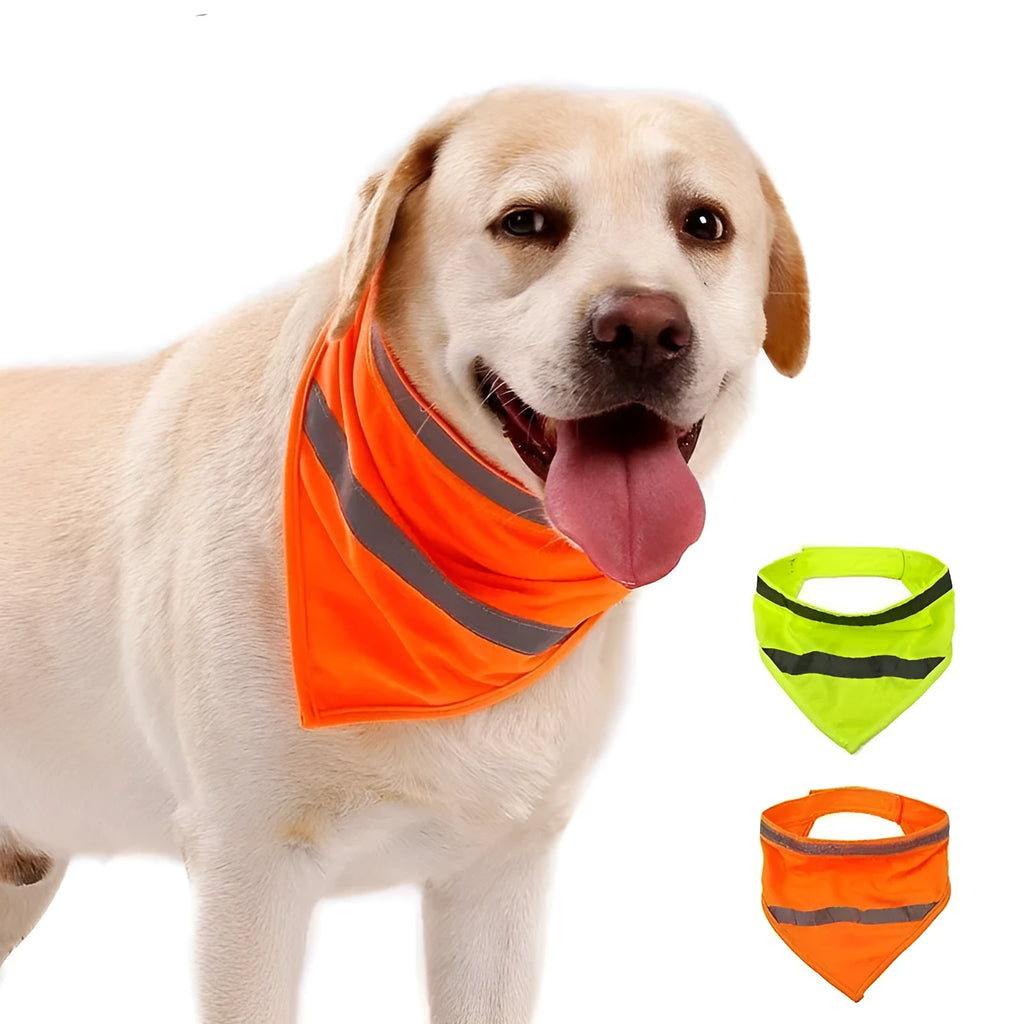 Yellow and orange reflective dog bandana scarf with adhesive fastening strap laid flat.
