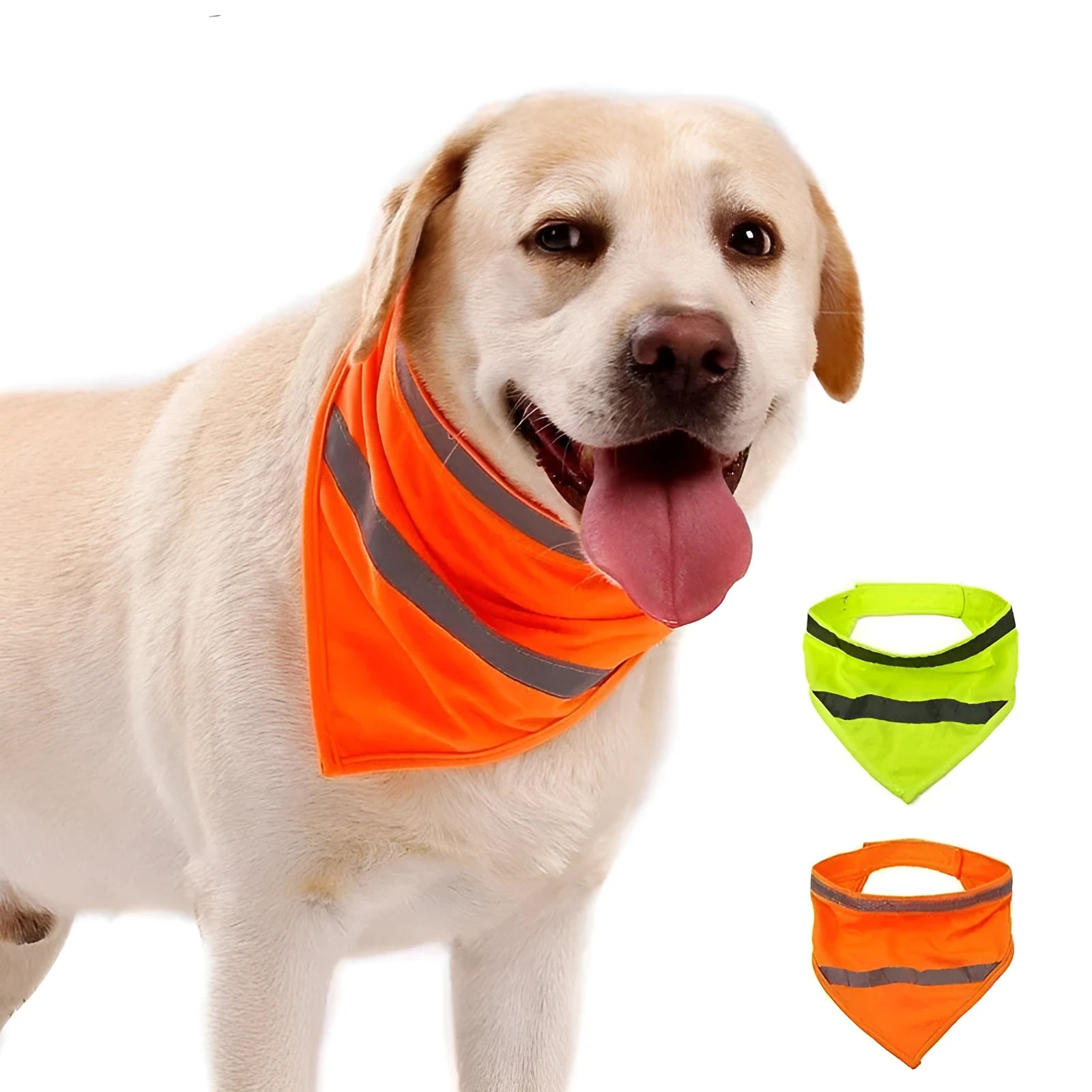 Yellow and orange reflective dog bandana scarf with adhesive fastening strap laid flat.