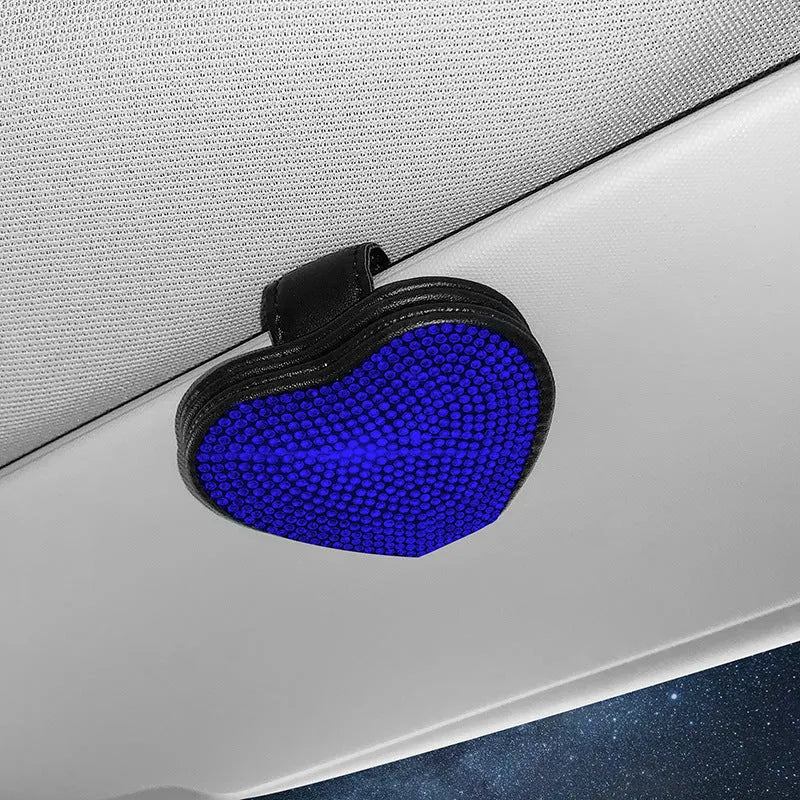 PU leather car sun visor clip with diamond pattern and magnetic closure, shown in multiple colour options.