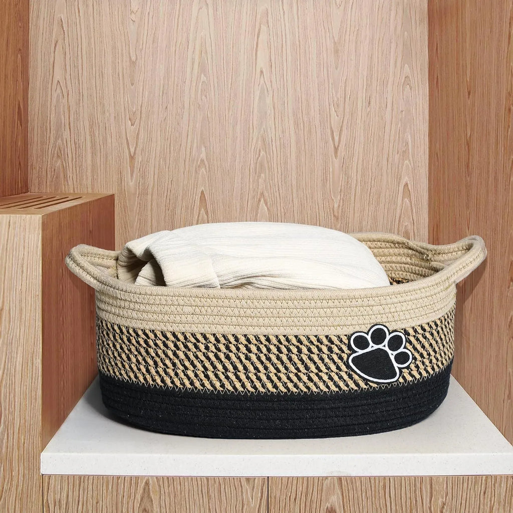 Handmade woven cotton rope storage basket with handle in light beige colour