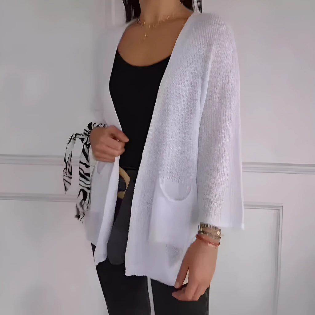 Women's waffle knit cardigan coat with nine-quarter sleeves in army green colour with side pockets